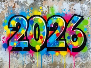 Vibrant Graffiti Art of Year 2026 Sprayed in Colorful Style on a Grungy Urban Wall Background