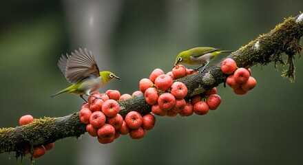 Two vibrant white-eye birds with white eye-rings interacting and feeding on abundant red fruits on a moss-covered branch in a natural habitat.
