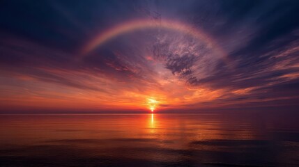 Full-circle rainbow halo in a dramatic sunset sky