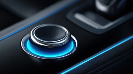 Futuristic automotive control button with blue illumination on a metallic dashboard panel
