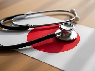 Stethoscope Placed on the Flag of Japan, Symbolizing Japanese Healthcare and Medical System