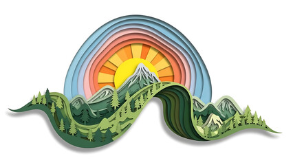 Mountain landscape with sunset in paper cut style