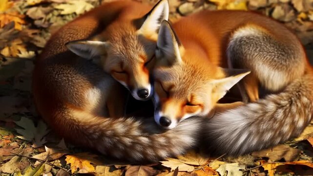 Two red foxes with noses touching and tails intertwined in golden autumn leaves, the concept of cozy intimacy and absolute trust in a couple
