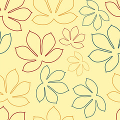 Fototapeta premium A seamless botanical pattern featuring gracefully outlined leaves in a subtle color palette on a gentle yellow background