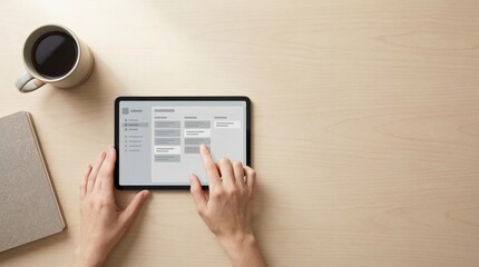 Tablet, hand, office, coffee, desk, workspace calm focus