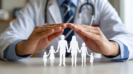 Doctor's hands forming a protective roof over a paper cutout family representing health insurance and medical care