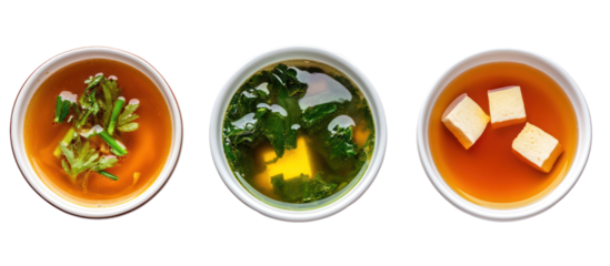 Three sets of Japanese winter detox meals with vegetable soup and steamed greens on transparent background