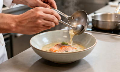 Premium Salmon Soup Dish With Warm And Clean Appeal