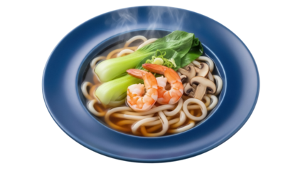 Isolated bowl of udon soup with shrimp, bok choy, mushrooms, and fresh herbs; Asian food