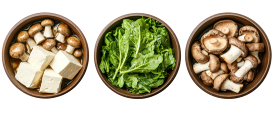Three sets of Japanese winter hot pot ingredients with tofu, mushrooms, and vegetables on transparent background