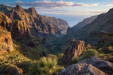 Golden hour view of Masca Canyon, Tenerife: dramatic cliffs and emerald gorge in the Canary Islands