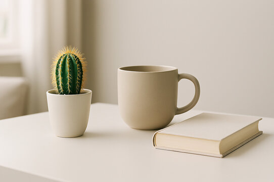 Minimalist desk setup with cactus, mug, and book, modern home lifestyle, bright workspace scene, cozy interior composition, elegant product photography