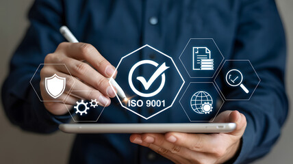 Standardization and quality management with ISO 9001 certification process on a modern digital tablet
