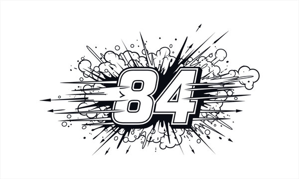Number 84 with dynamic comic book explosion effect.
