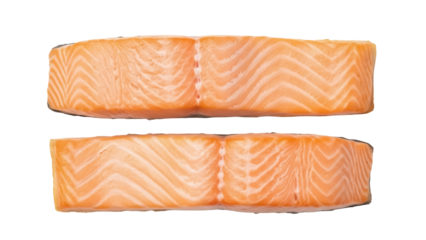 Isolated fresh Atlantic salmon fillets, raw, orange fish meat for healthy cooking meal prep