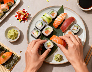 Hands Preparing Sushi In Elegant Festive Flat Lay