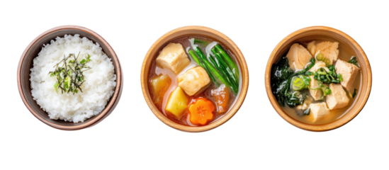 Three sets of Japanese winter meals with miso soup, steamed rice, and vegetables on transparent background