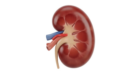 Isolated 3D human kidney anatomical model with blood vessels, health and medicine illustration
