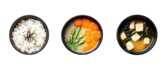 Three sets of Japanese winter meals with miso soup, steamed rice, and vegetables on transparent background