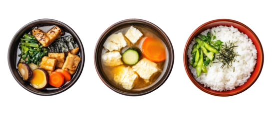 Three sets of Japanese winter meals with miso soup, steamed rice, and vegetables on transparent background