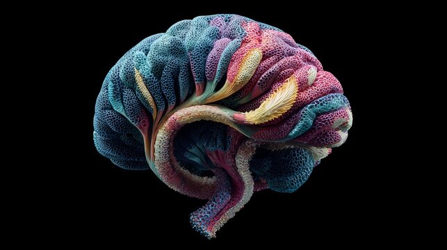 Vibrant colorful brain with intricate details on black background - Powered by Adobe