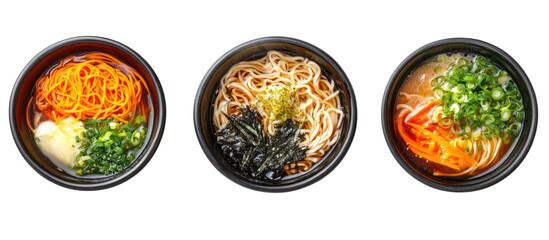 Three sets of Japanese winter soba meals with light broth and vegetables on transparent background