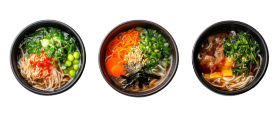 Three sets of Japanese winter soba meals with light broth and vegetables on transparent background