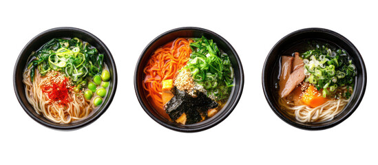 Three sets of Japanese winter soba meals with light broth and vegetables on transparent background