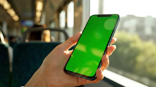 Hand holding smartphone with green screen on public transportation with blurred background.