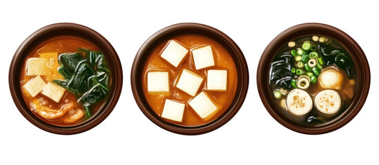 Three sets of Japanese winter soup meals with tofu, seaweed, and vegetables on transparent background