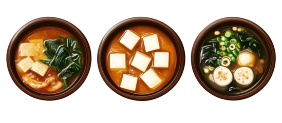 Three sets of Japanese winter soup meals with tofu, seaweed, and vegetables on transparent background