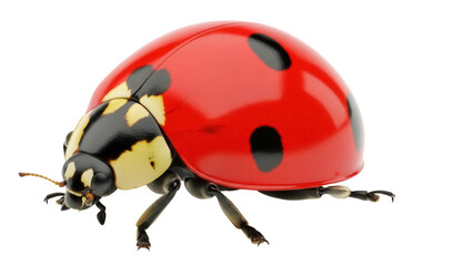 Isolated Ladybug in extreme close-up shot, macro view of adorable red beetle with black spots