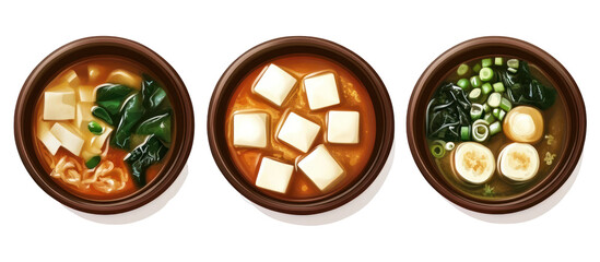 Three sets of Japanese winter soup meals with tofu, seaweed, and vegetables on transparent background