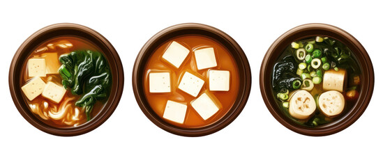 Three sets of Japanese winter soup meals with tofu, seaweed, and vegetables on transparent background