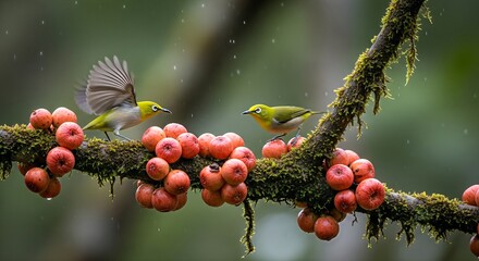Two vibrant yellow-green birds with white eye-rings interacting on a mossy branch laden with red figs in a lush rainforest.