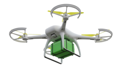 Isolated UAV drone delivers green package, modern innovative delivery system, air transport
