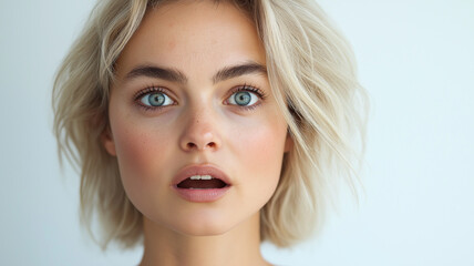 Blonde hair woman showing surprised reaction.