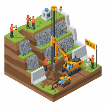 Isometric Construction Site with Drilling Rig and Workers.