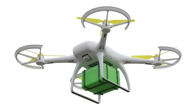 Isolated UAV drone delivers green package, modern innovative delivery system, air transport