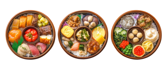 Three sets of New Year Japanese dishes with osechi-inspired variety on transparent background