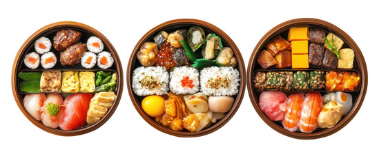 Three sets of New Year Japanese dishes with osechi-inspired variety on transparent background