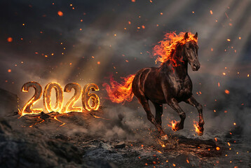 Dynamic black horse with fiery mane and tail gallops next to flaming '2026' numbers on a dramatic landscape, symbolizing the power of the New Year