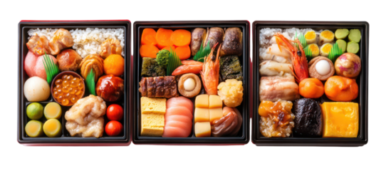 Three sets of New Year Japanese dishes with osechi-inspired variety on transparent background
