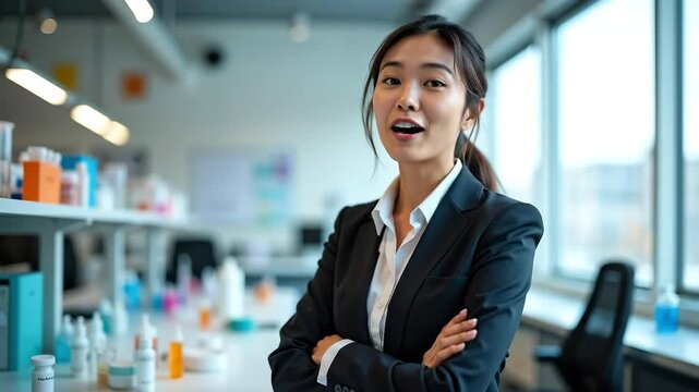 Young asian woman standing in a lab with crossed arms, looking at the camera. Professional female scientist or researcher in a science laboratory.