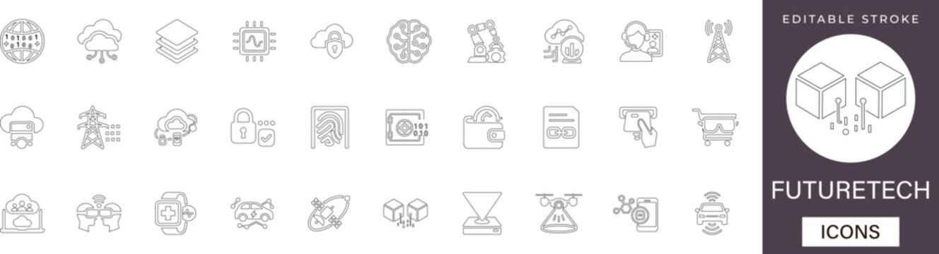  Future technology line icon set featuring AI, quantum computing, and innovation symbols. Perfect for next-gen UI design, science projects, and digital tech branding