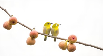 A pair of vibrant yellow oriental white-eye birds sitting on a branch with ripe figs against a clean white background.
