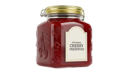 Isolated jar of artisanal cherry preserves for market sale and commercial food presentation