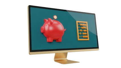 Isolated monitor rendering featuring piggy bank and abacus symbol for financial technology