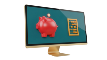 Isolated monitor rendering featuring piggy bank and abacus symbol for financial technology