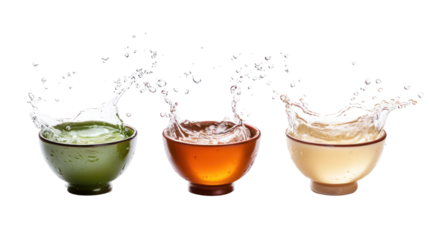 Three traditional Japanese drinks with amazake-style rice drink and tea on transparent background